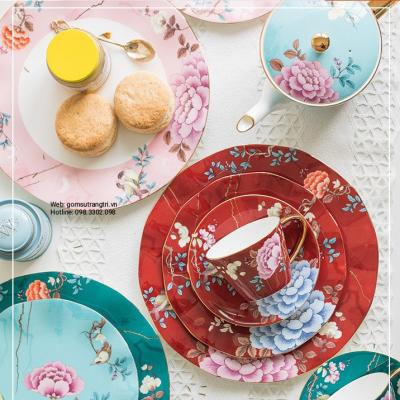 Bộ ấm chén hoa mẫu đơn viền vàng - phong cách châu âu